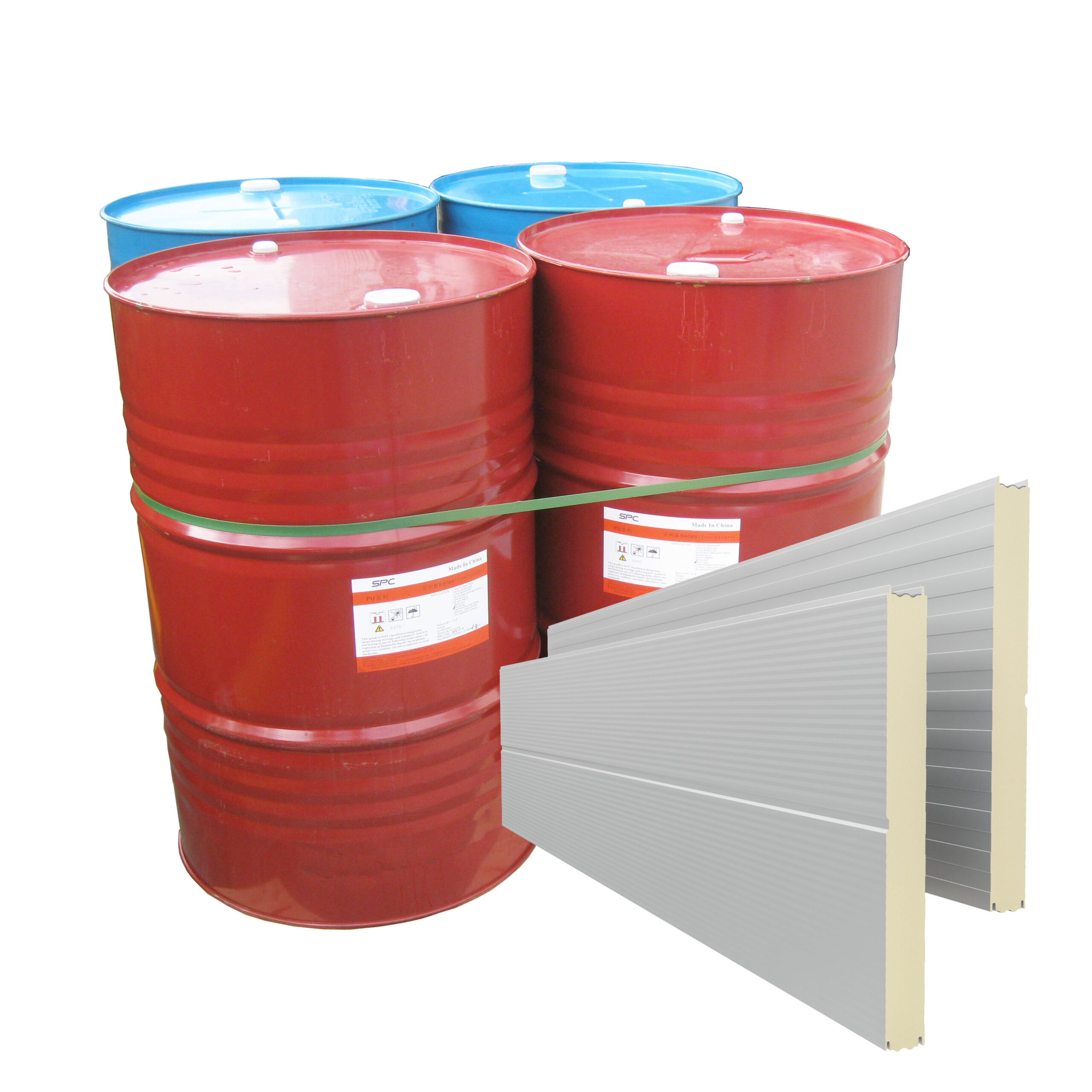 Red polyol drums beside a rigid polyurethane foam sandwich panel core