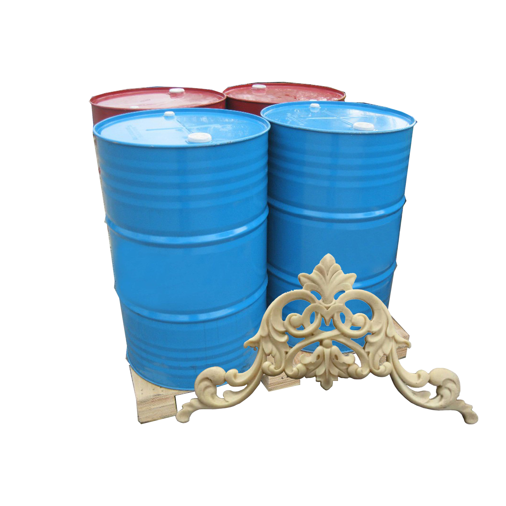 Blue polyol drums beside a PU wood-imitation decorative moulding