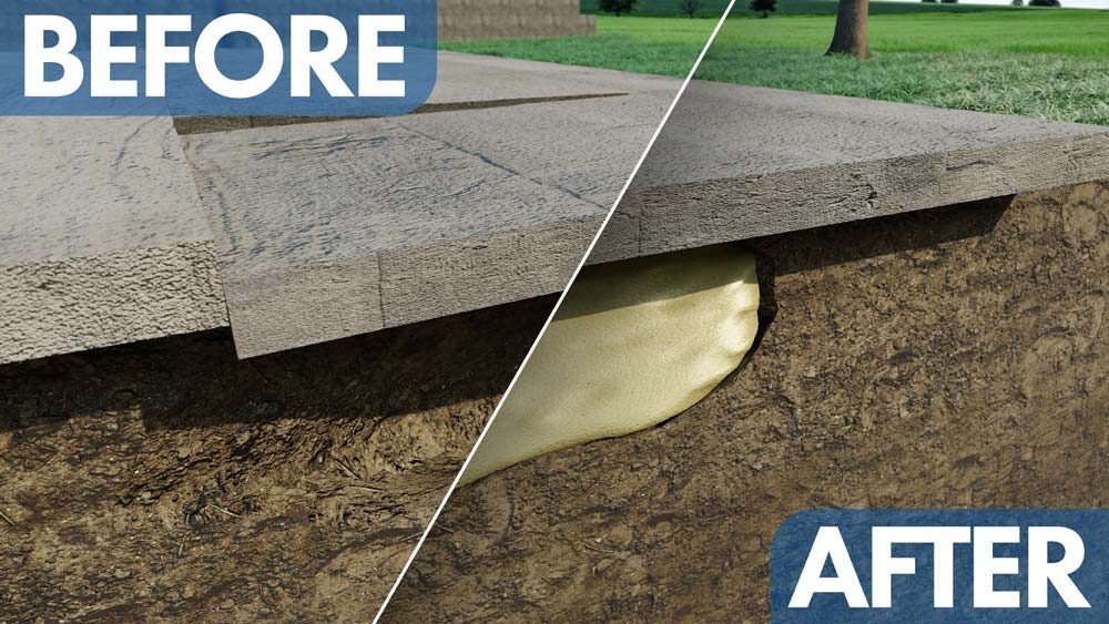 Concrete slab lifting before and after with PU foam