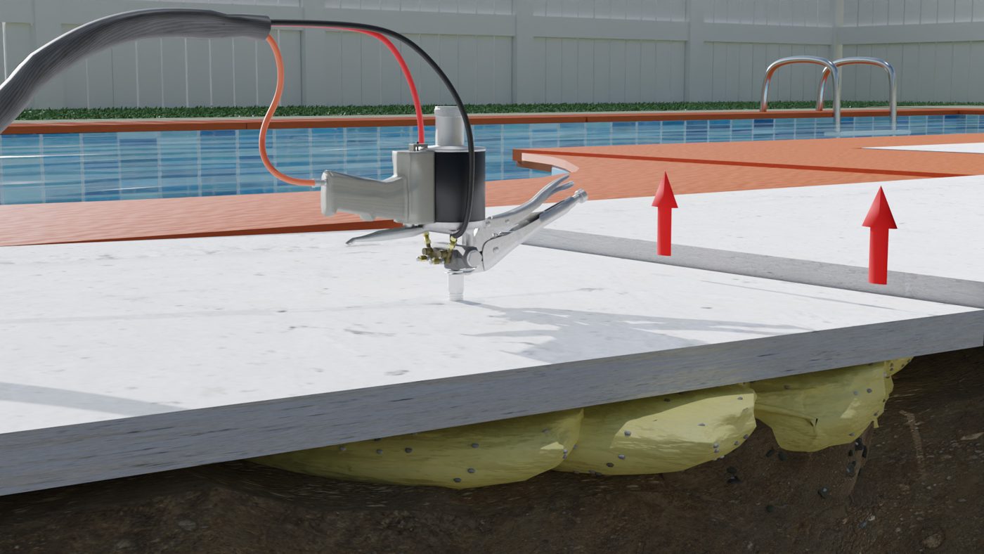Polyurethane foam slab jacking of a pool deck