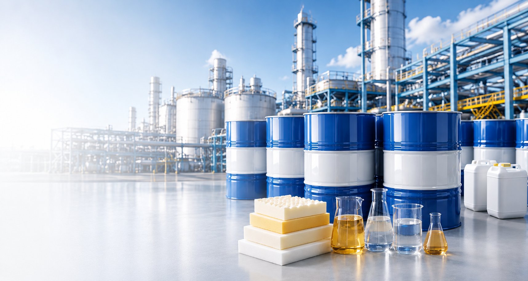 Blended polyol drums, PU foam blocks and polyol samples at a chemical plant
